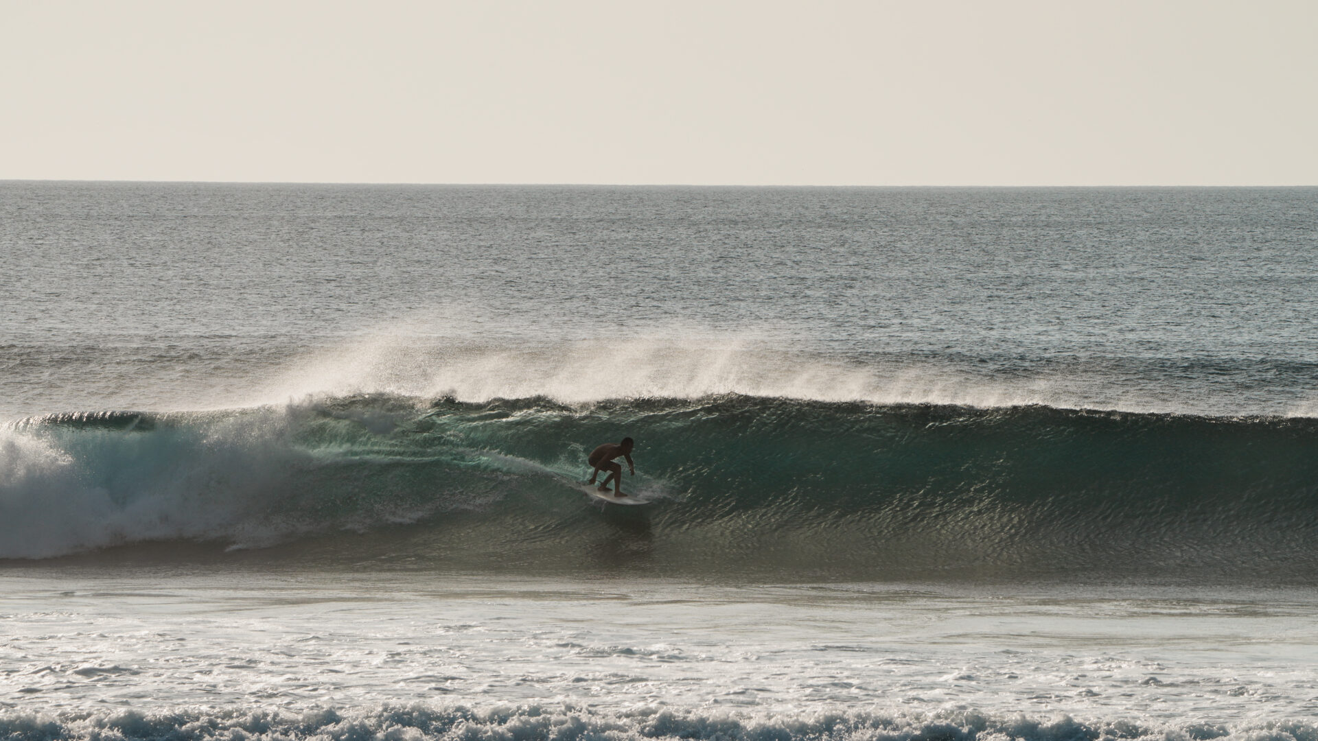 Surfer on a green wave at golden hour